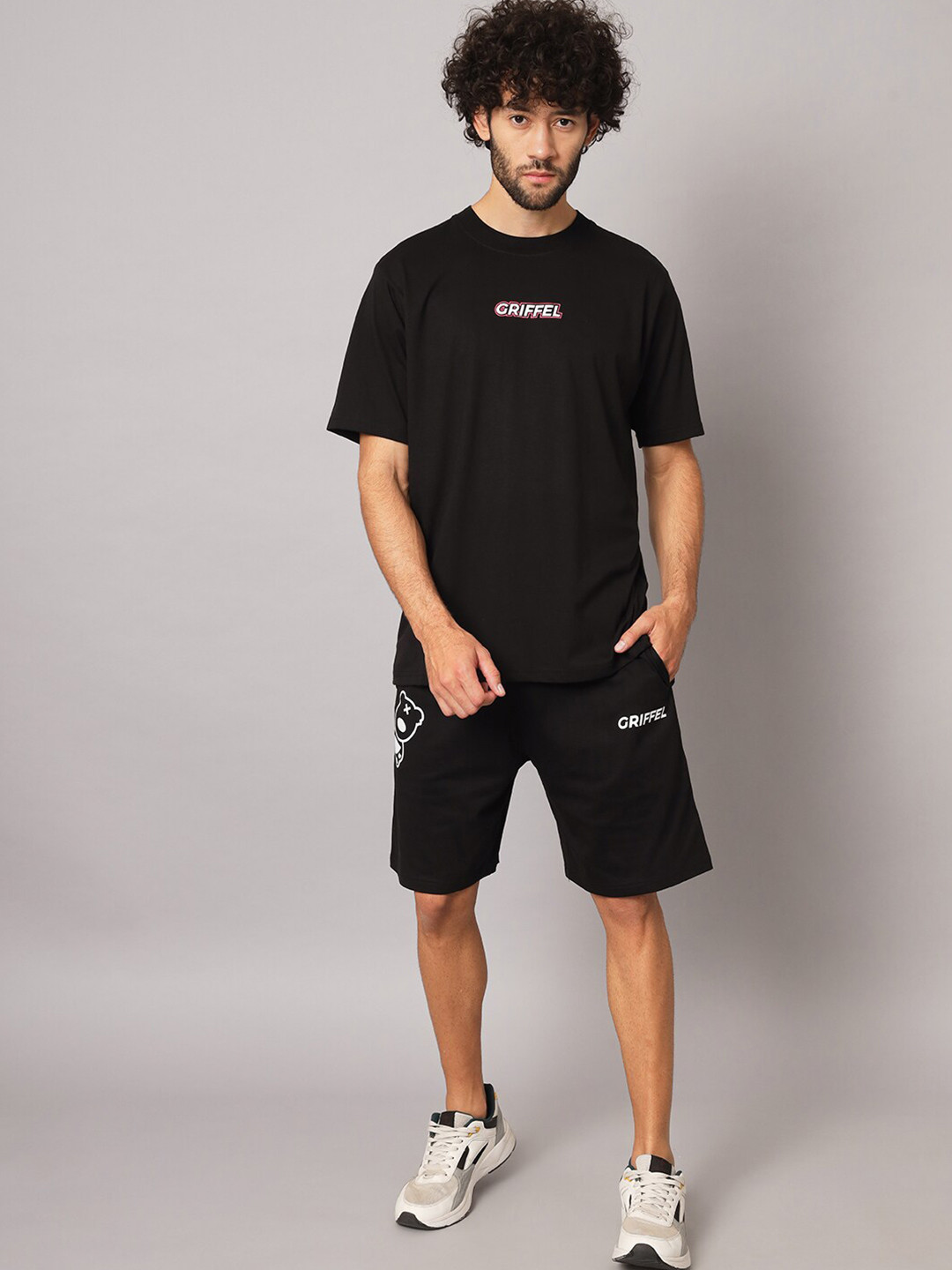 

GRIFFEL Printed Pure Cotton Round Neck Tshirt With Shorts, Black