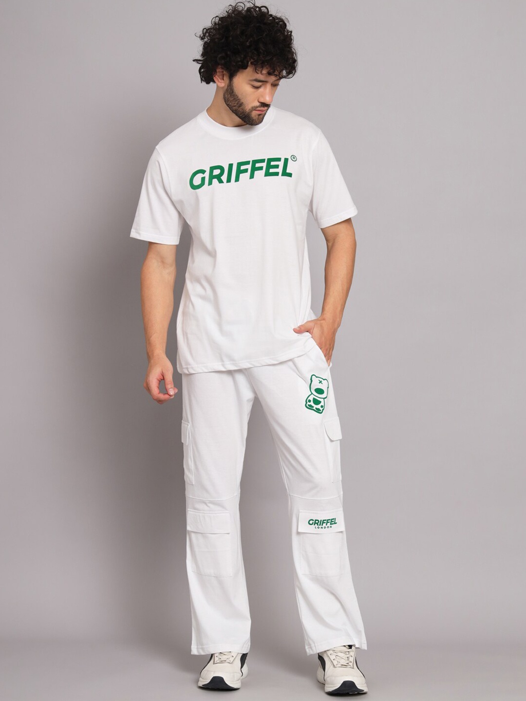 

GRIFFEL Printed Pure Cotton Oversized Fit T-Shirt & Track Pant, White