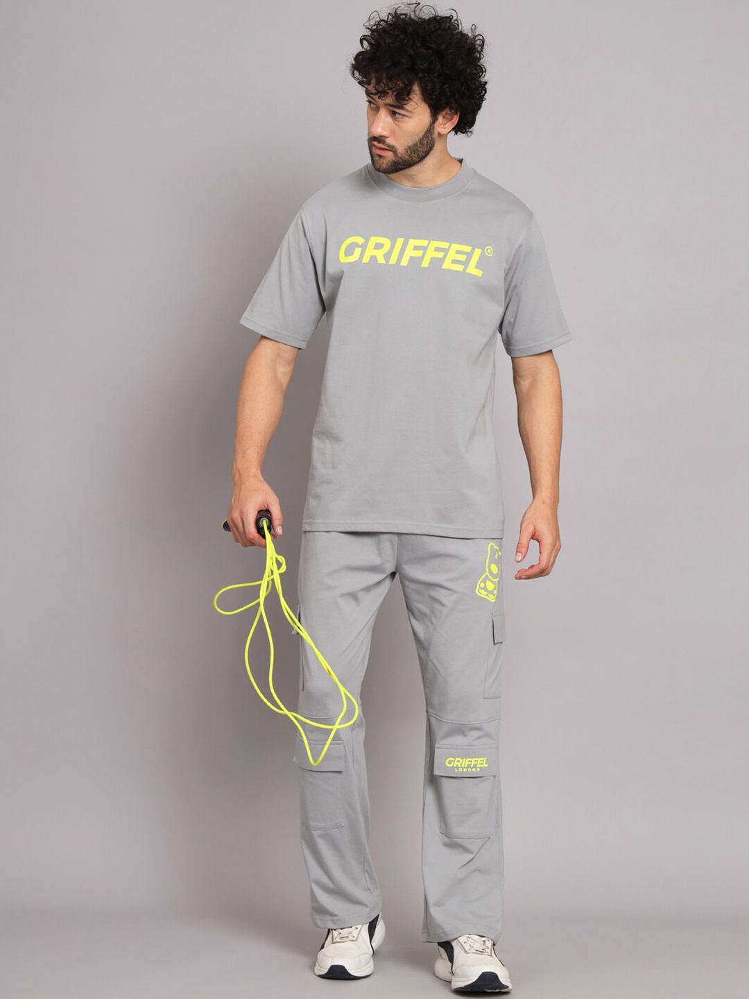 

GRIFFEL Typography Printed Pure Cotton T-Shirt With Trousers, Grey