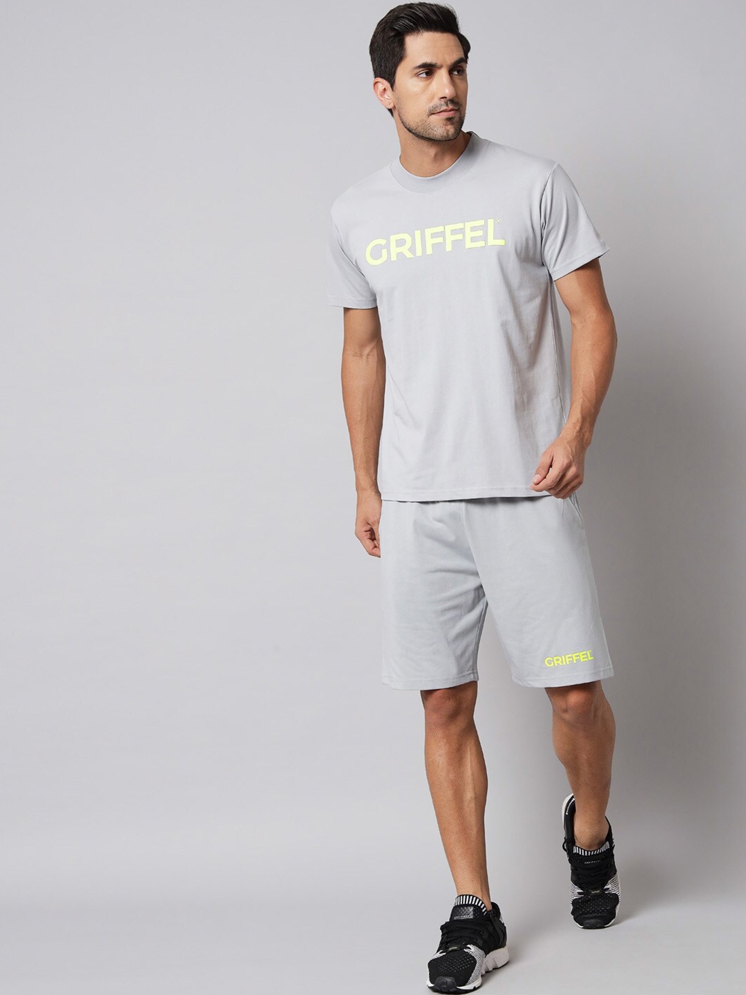 

GRIFFEL Typography Printed Pure Cotton T-Shirt With Shorts, Grey