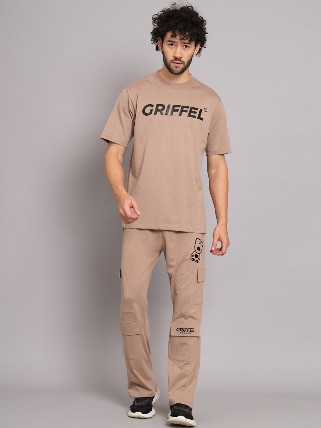 

GRIFFEL Typography Printed Pure Cotton Round Neck T-Shirt With Trouser, Camel brown