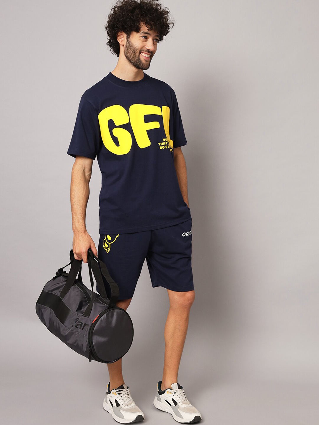 

GRIFFEL Typography Printed Pure Cotton T-Shirt With Shorts, Navy blue