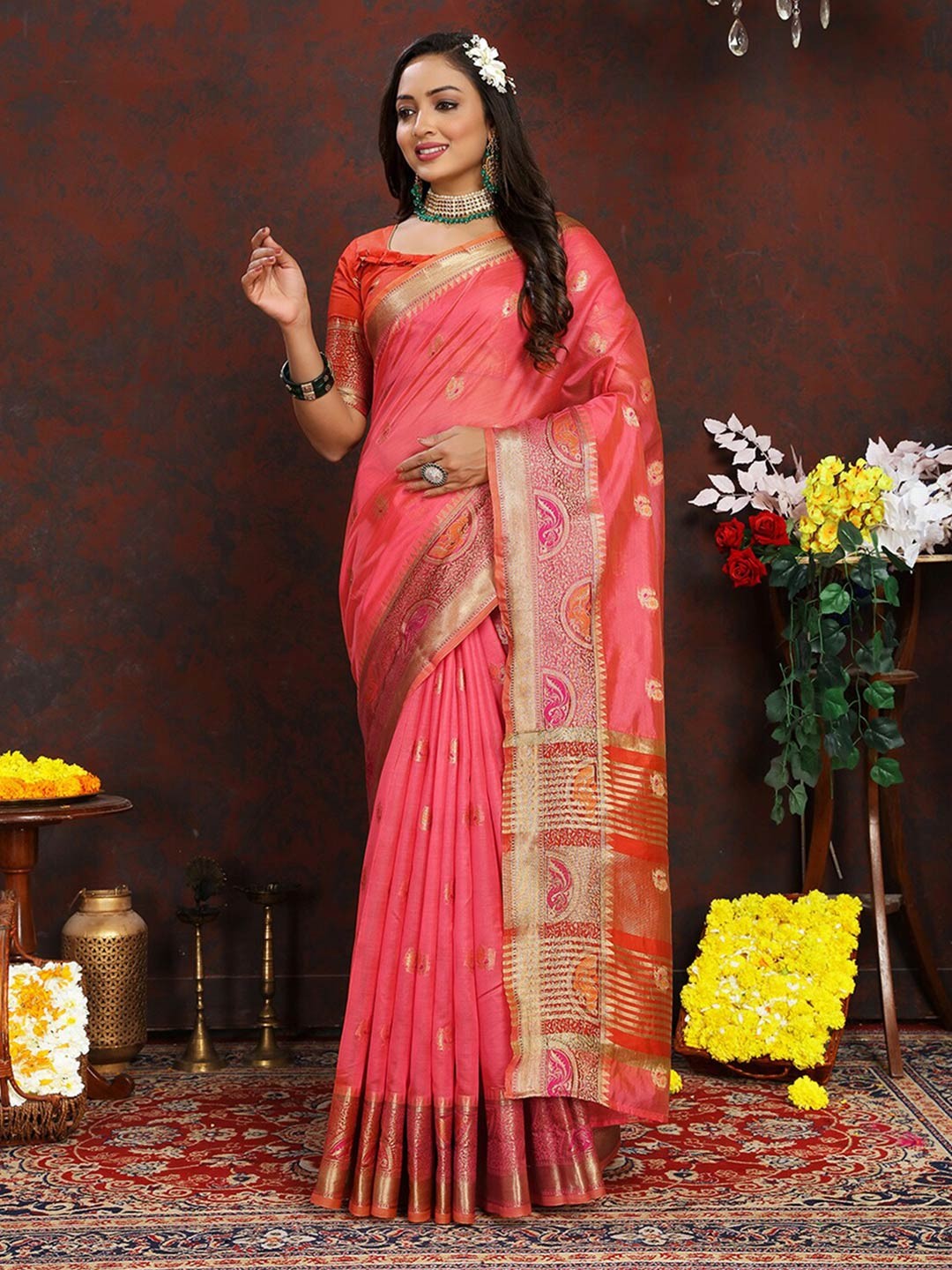 

MARGI DESIGNERS Ethnic Motifs Woven Design Zari Jaquard Organza Banarasi Saree, Pink