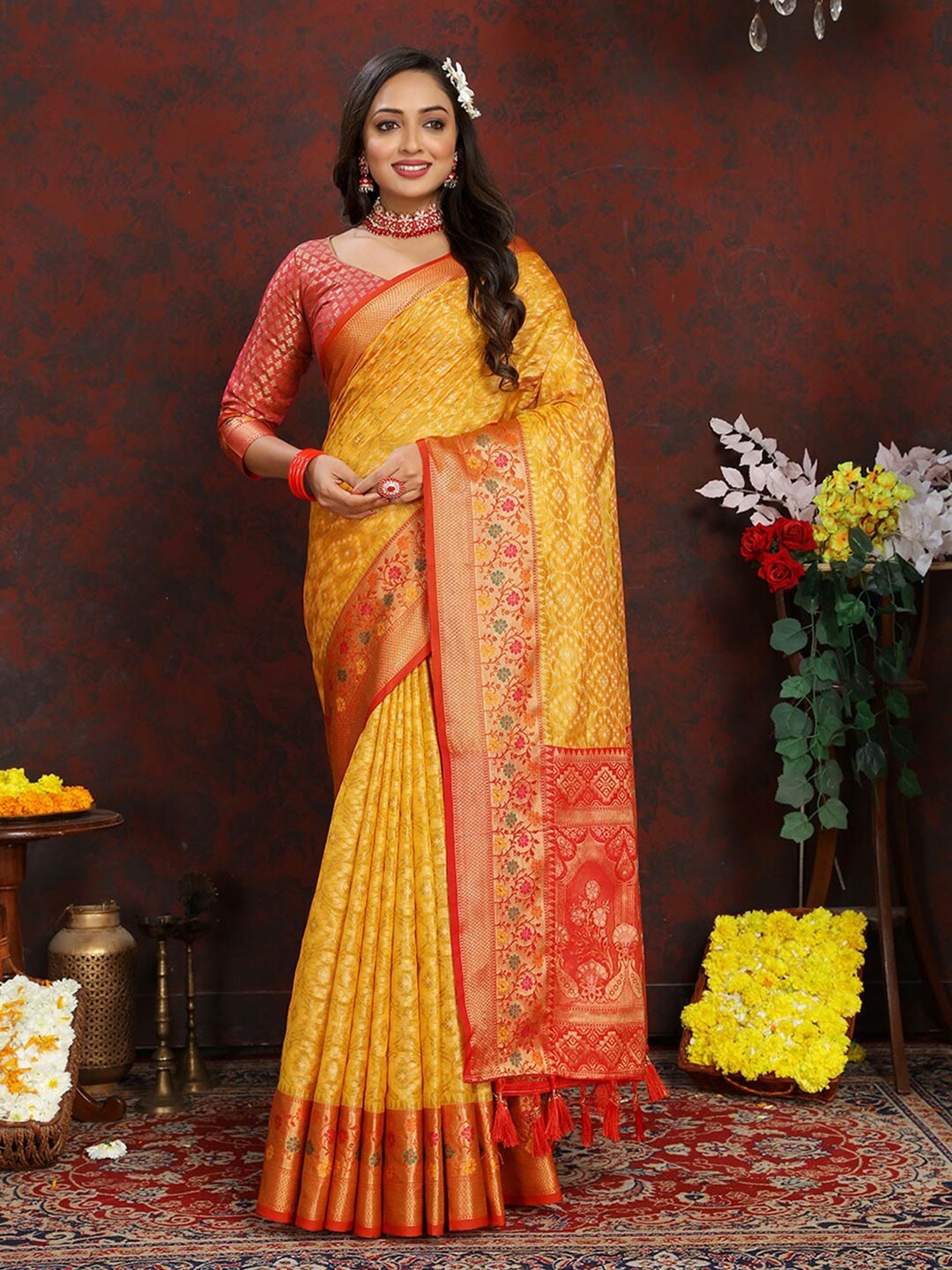 

MARGI DESIGNERS Ethnic Motifs Woven Design Zari Organza Banarasi Saree, Yellow