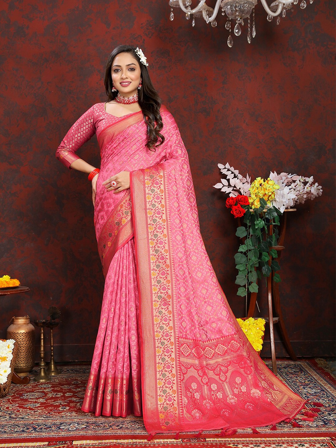 

MARGI DESIGNERS Ethnic Motifs Woven Design Zari Organza Banarasi Saree, Pink