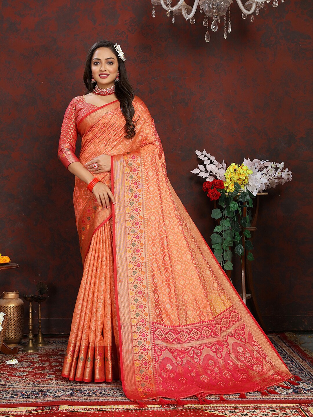 

MARGI DESIGNERS Ethnic Motifs Woven Design Zari Organza Banarasi Saree, Orange