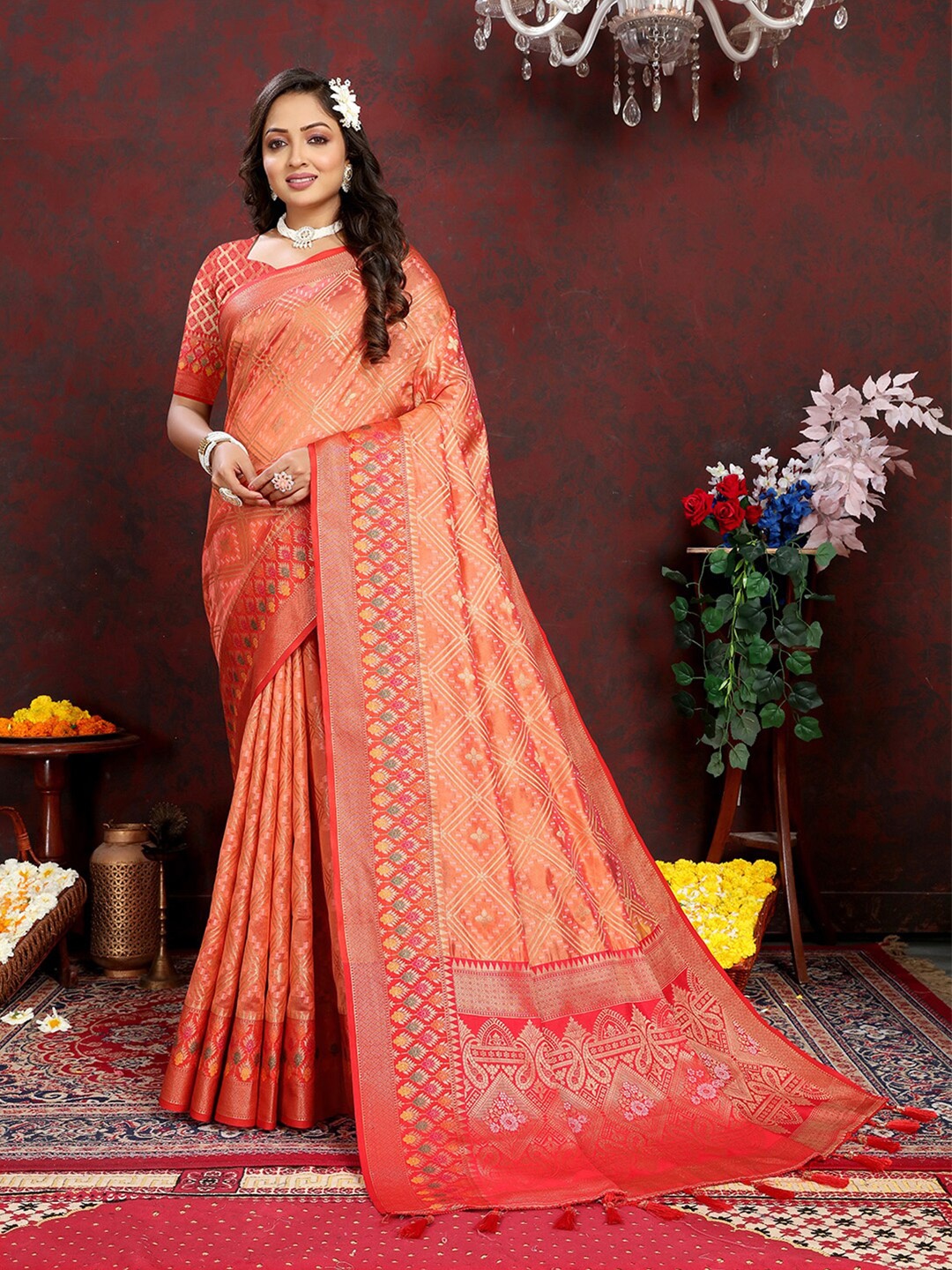 

MARGI DESIGNERS Ethnic Motifs Woven Design Zari Organza Banarasi Saree, Orange