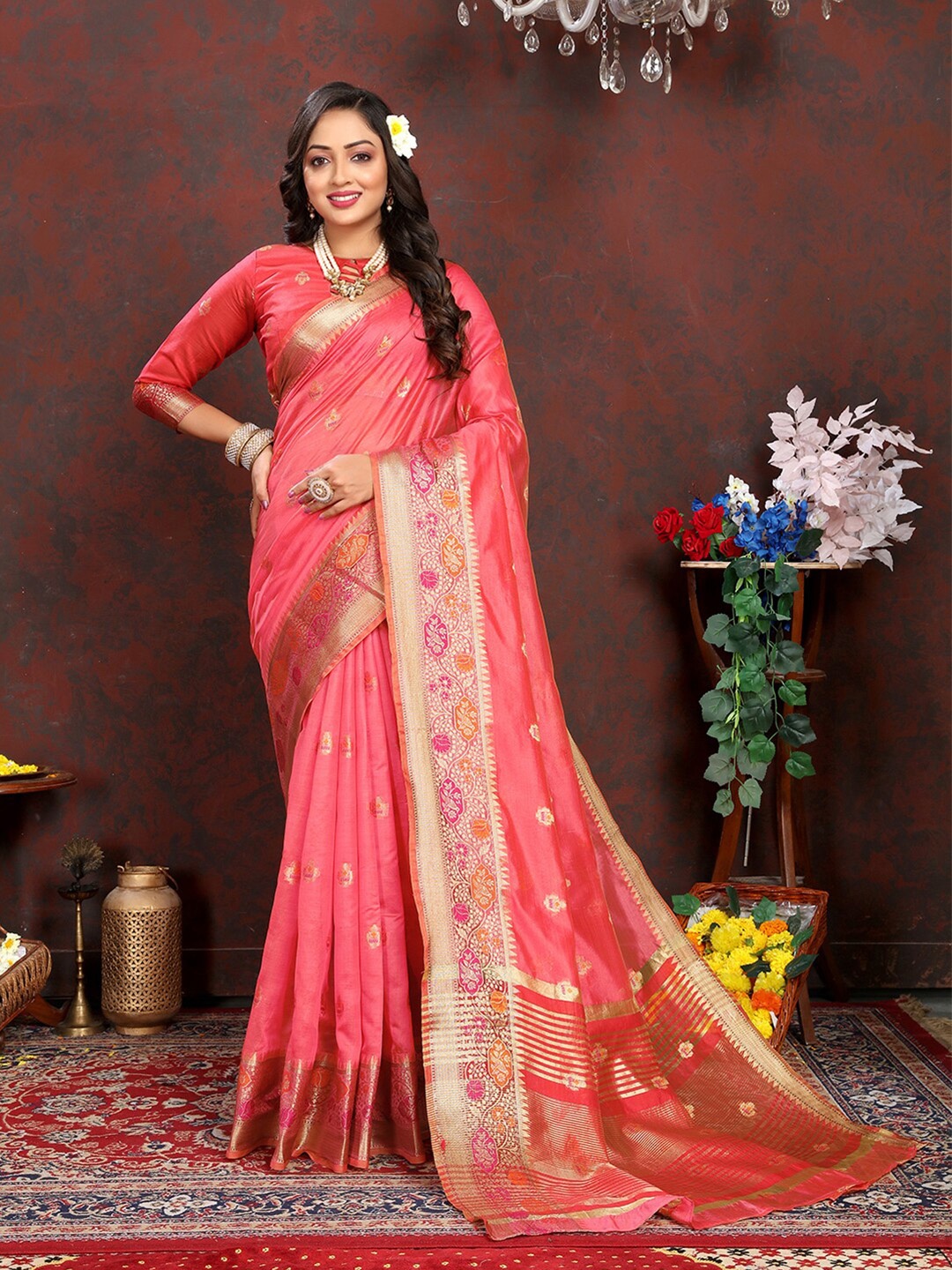 

MARGI DESIGNERS Ethnic Motifs Woven Design Zari Jaquard Organza Banarasi Saree, Pink
