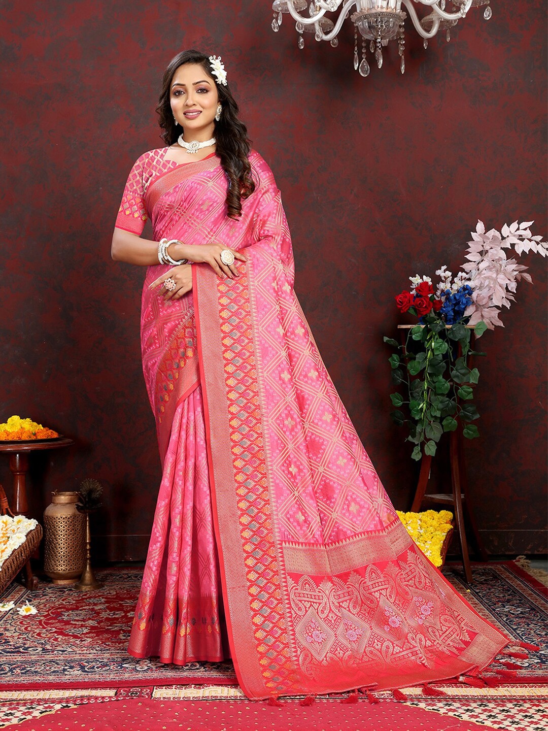 

MARGI DESIGNERS Ethnic Motifs Woven Design Zari Organza Banarasi Saree, Pink
