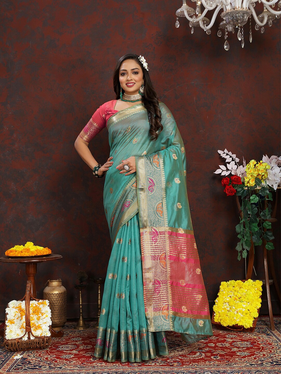 

MARGI DESIGNERS Ethnic Motifs Woven Design Zari Jaquard Organza Banarasi Saree, Turquoise blue