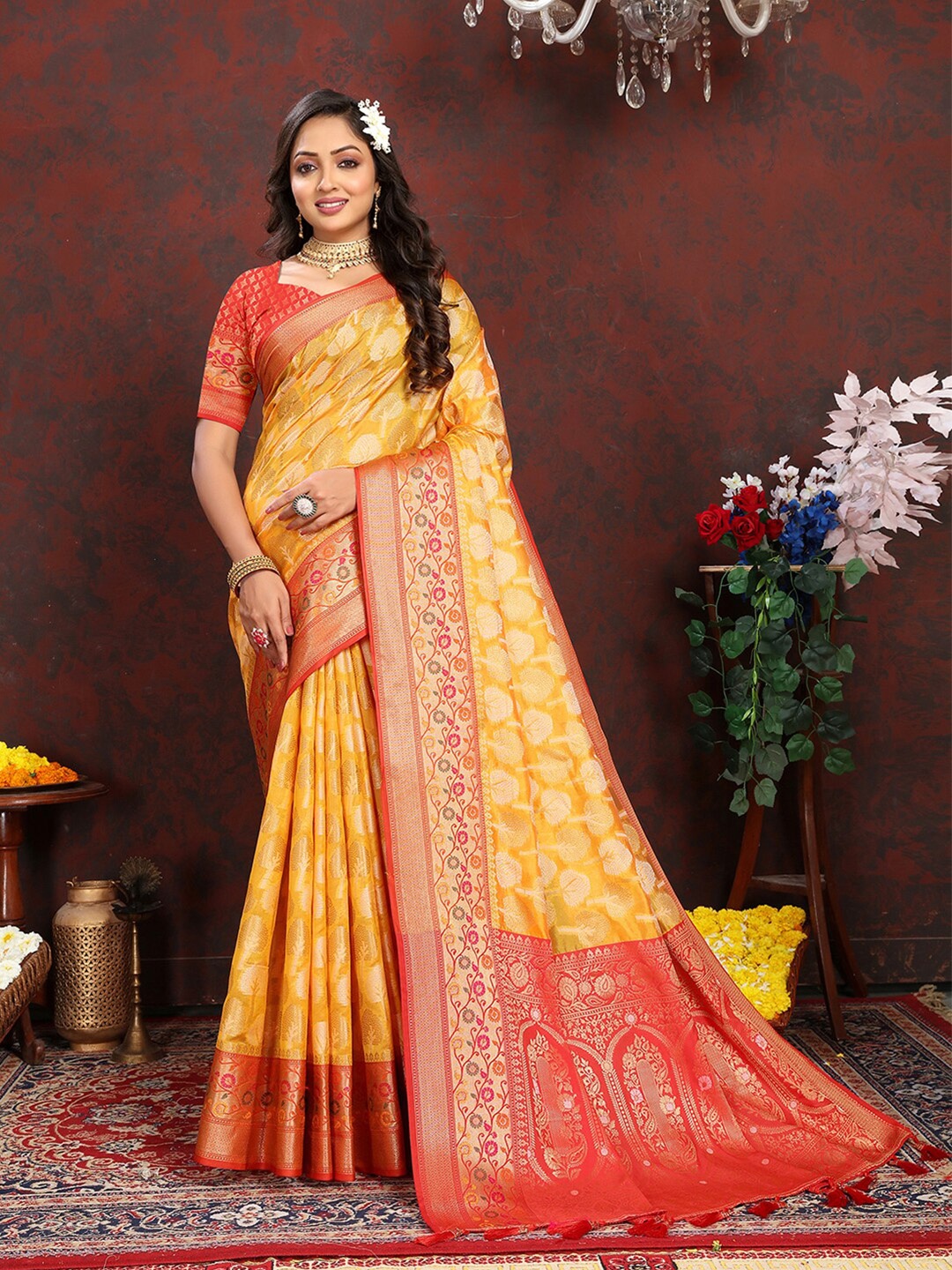 

MARGI DESIGNERS Ethnic Motifs Woven Design Zari Organza Banarasi Saree, Yellow