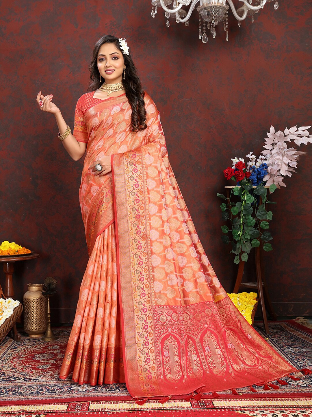 

MARGI DESIGNERS Ethnic Motifs Woven Design Zari Organza Banarasi Saree, Orange