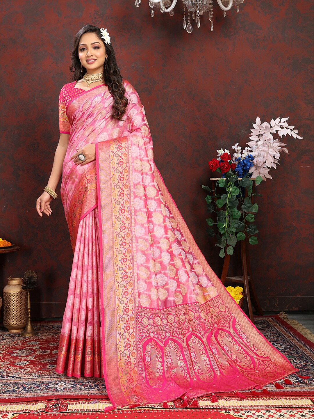

MARGI DESIGNERS Ethnic Motifs Woven Design Zari Organza Banarasi Saree, Pink