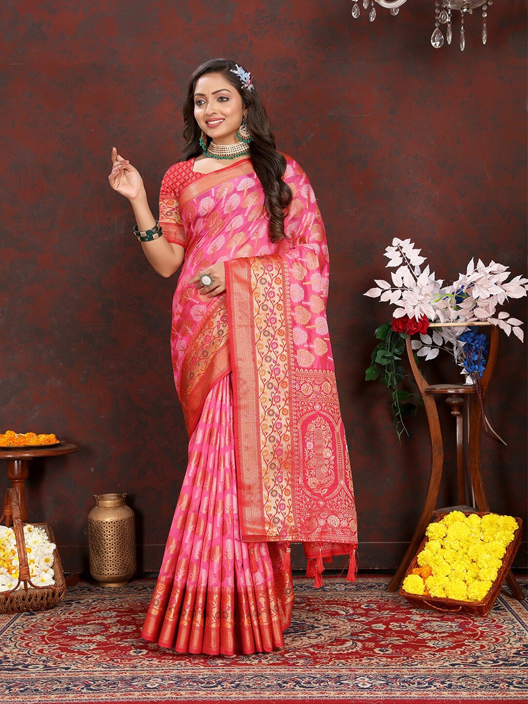 MARGI DESIGNERS Ethnic Motifs Woven Design Zari Organza Banarasi Saree, Pink
