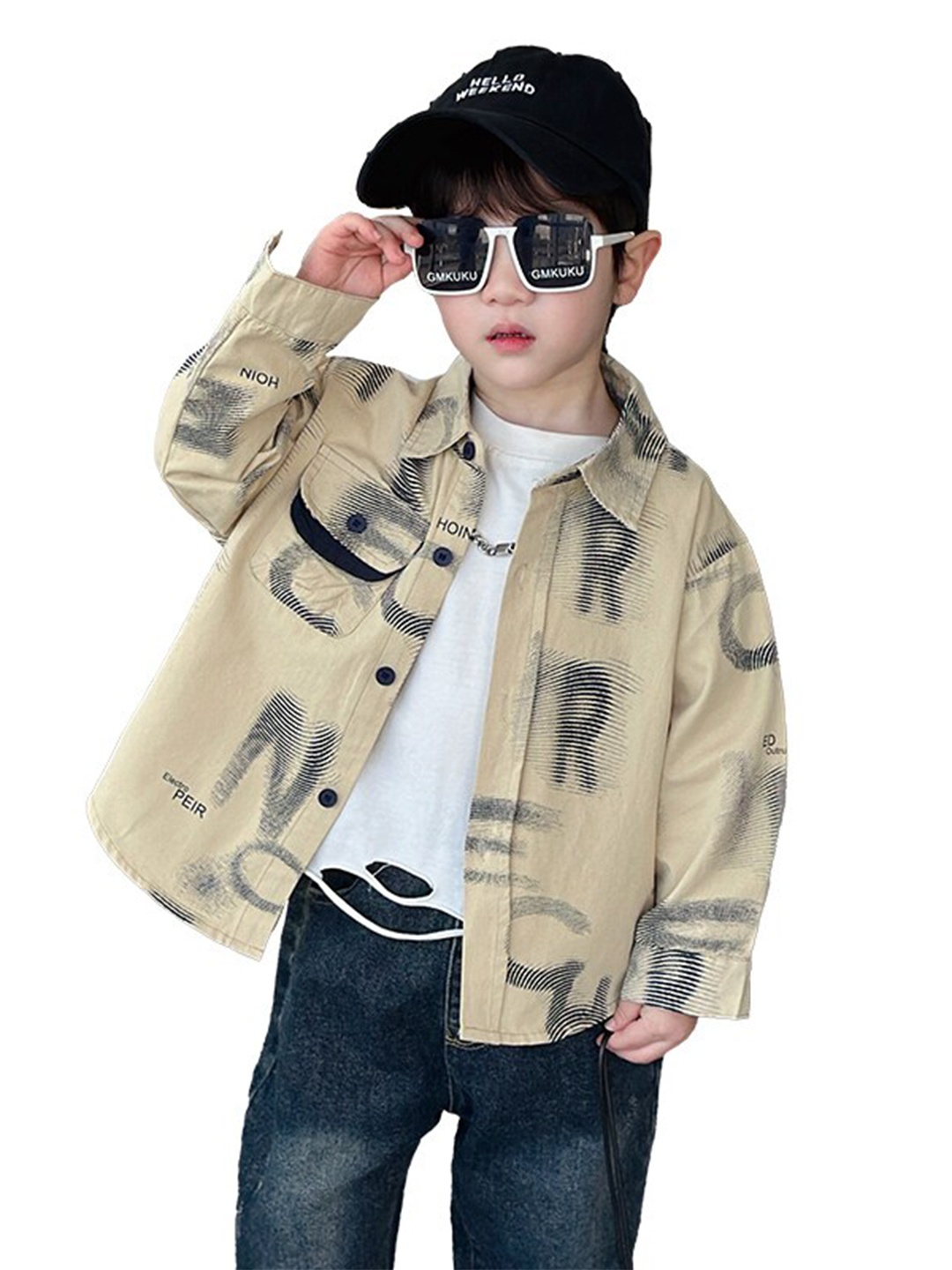 

StyleCast x Revolte Boys Graphic Printed Cotton Spread Collar Curved Casual Shirt, Beige