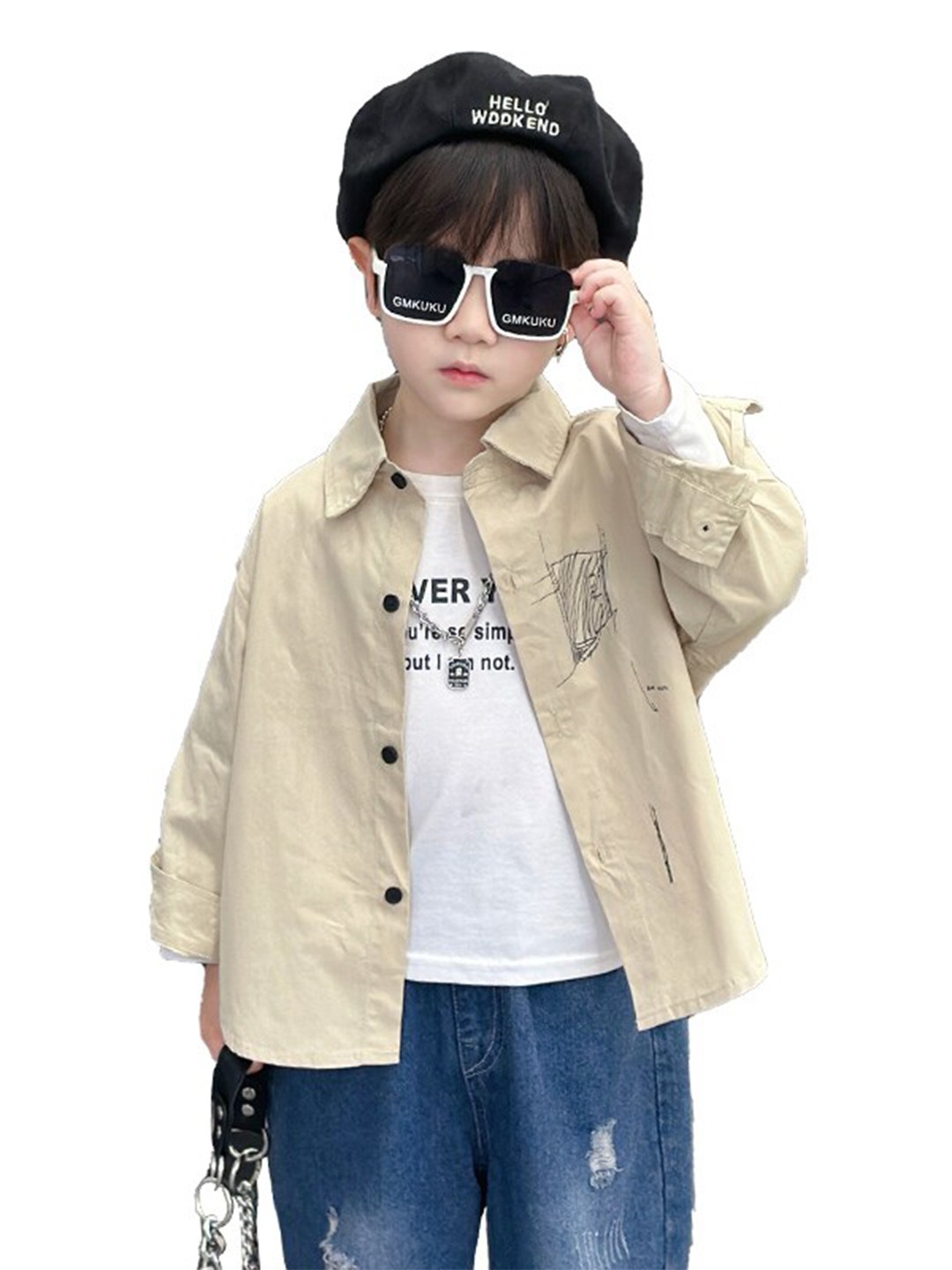 

StyleCast x Revolte Boys Spread Collar Cotton Curved Casual Shirt, Beige
