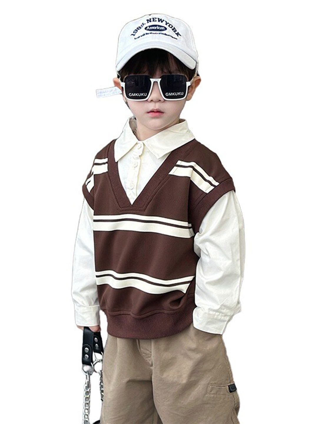 

StyleCast x Revolte Boys Striped Spread Collar Curved Casual Shirt, Brown