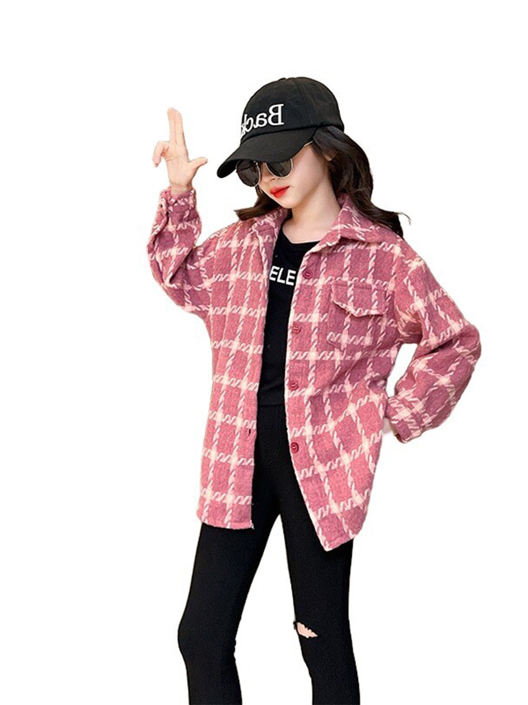

StyleCast x Revolte Girls Checked Spread Collar Curved Casual Shirt, Pink