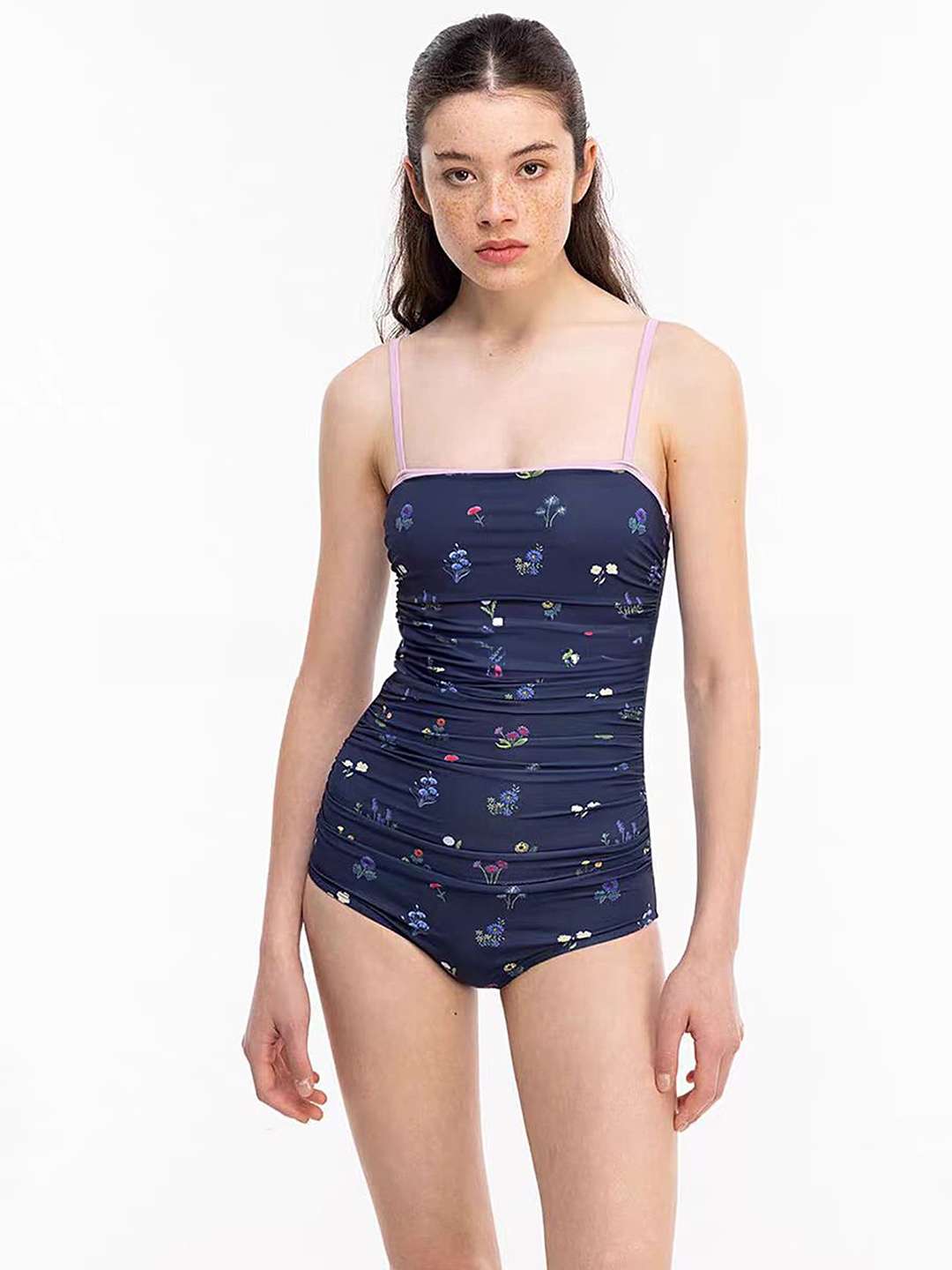 

LULU & SKY Floral Printed Sleeveless Swim Bodysuit, Navy blue