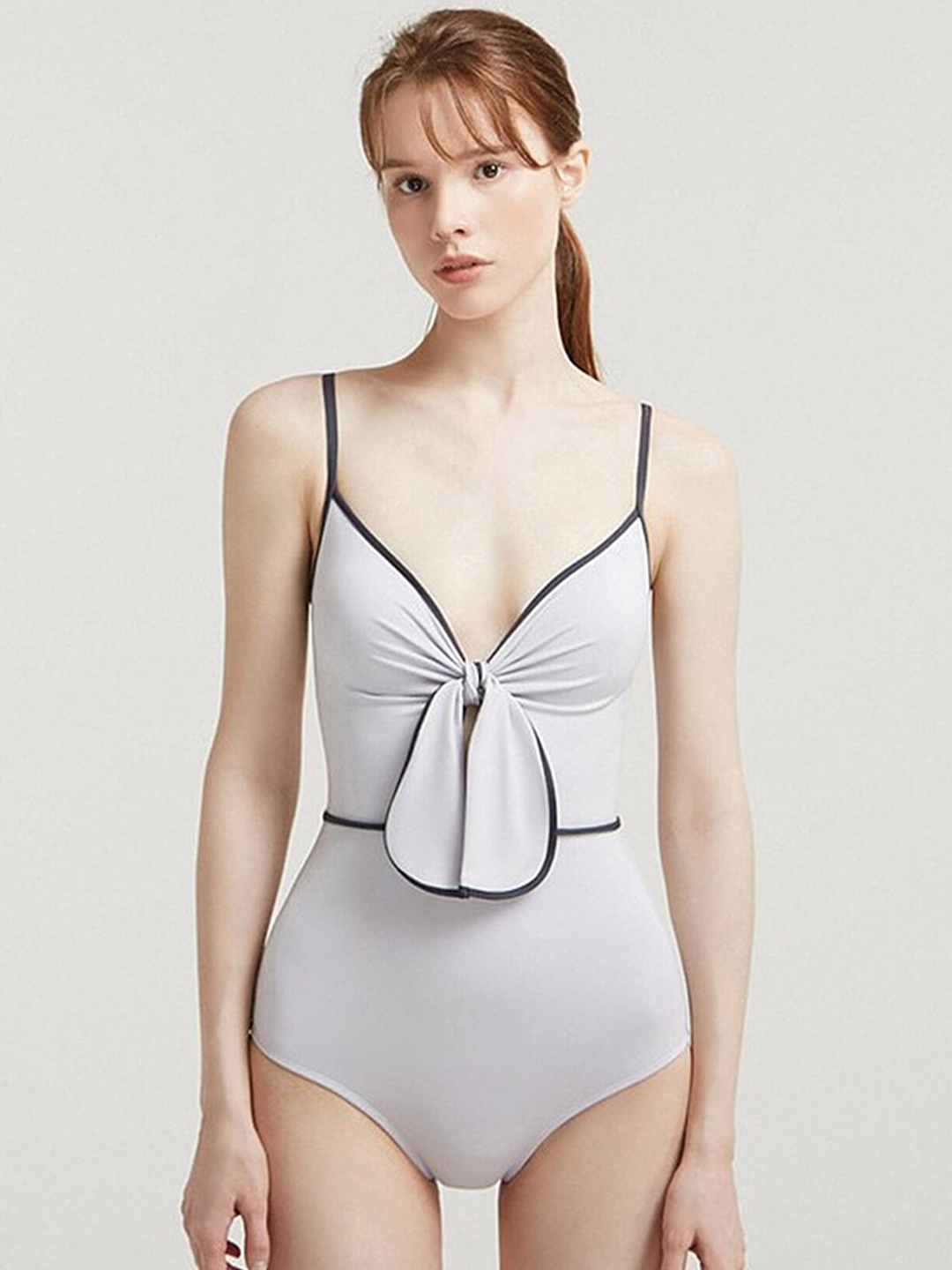 

LULU & SKY Knot-Detail Cut-Out Swim Bodysuit, Grey