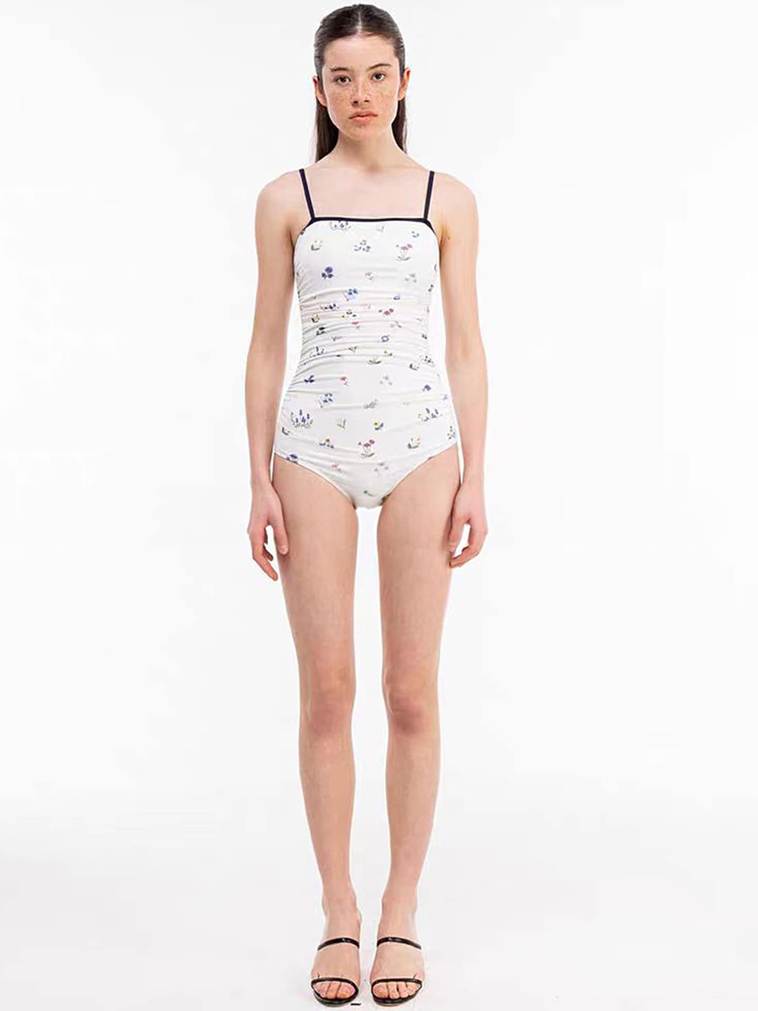 

LULU & SKY Floral Printed Shoulder Straps Swimwear Bodysuit, White