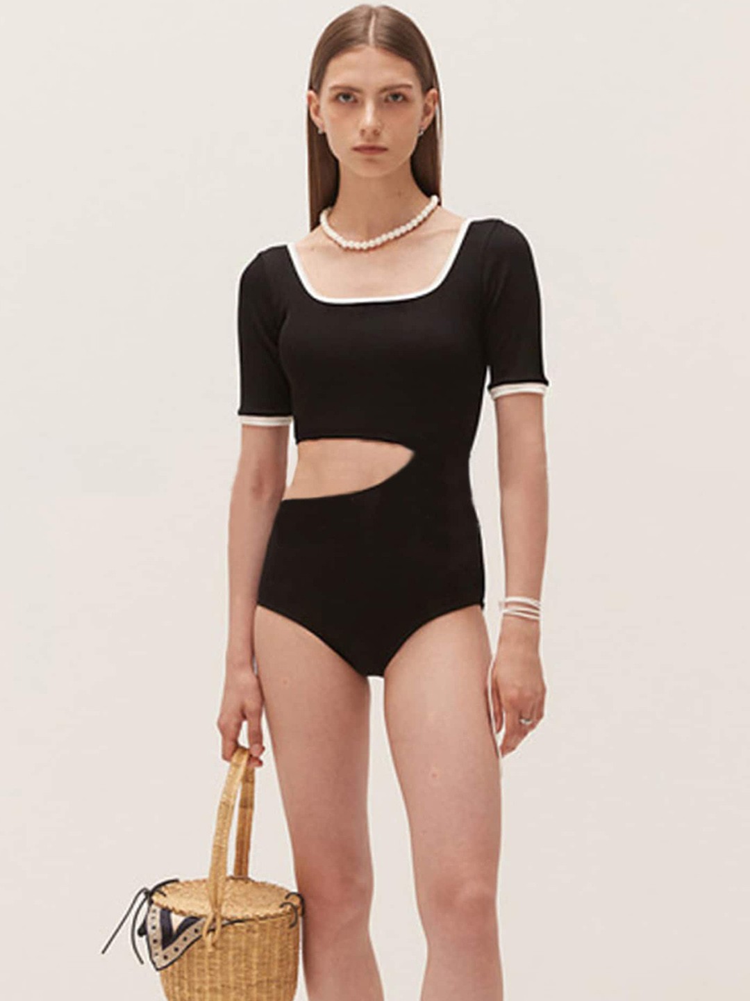 

LULU & SKY Square Neck Ribbed Cut Out Bodysuit, Black