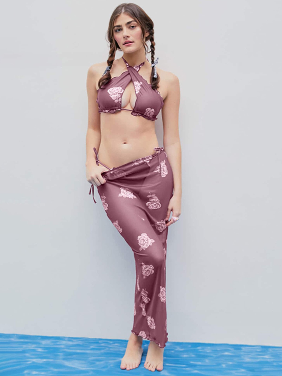 

LULU & SKY Floral Printed Swimwear Top With Skirt, Purple