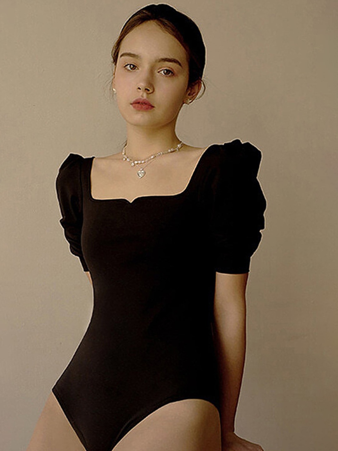 

LULU & SKY Square Neck Puff Sleeve Bodysuit, Black