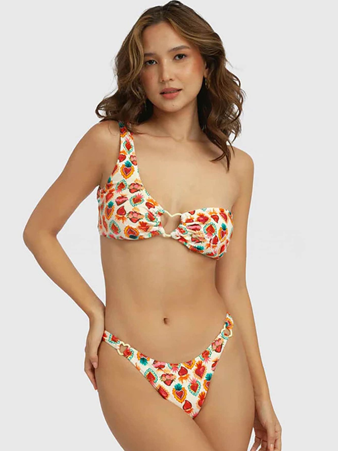 

LULU & SKY Printed One Shoulder Swim Bikini Set, White