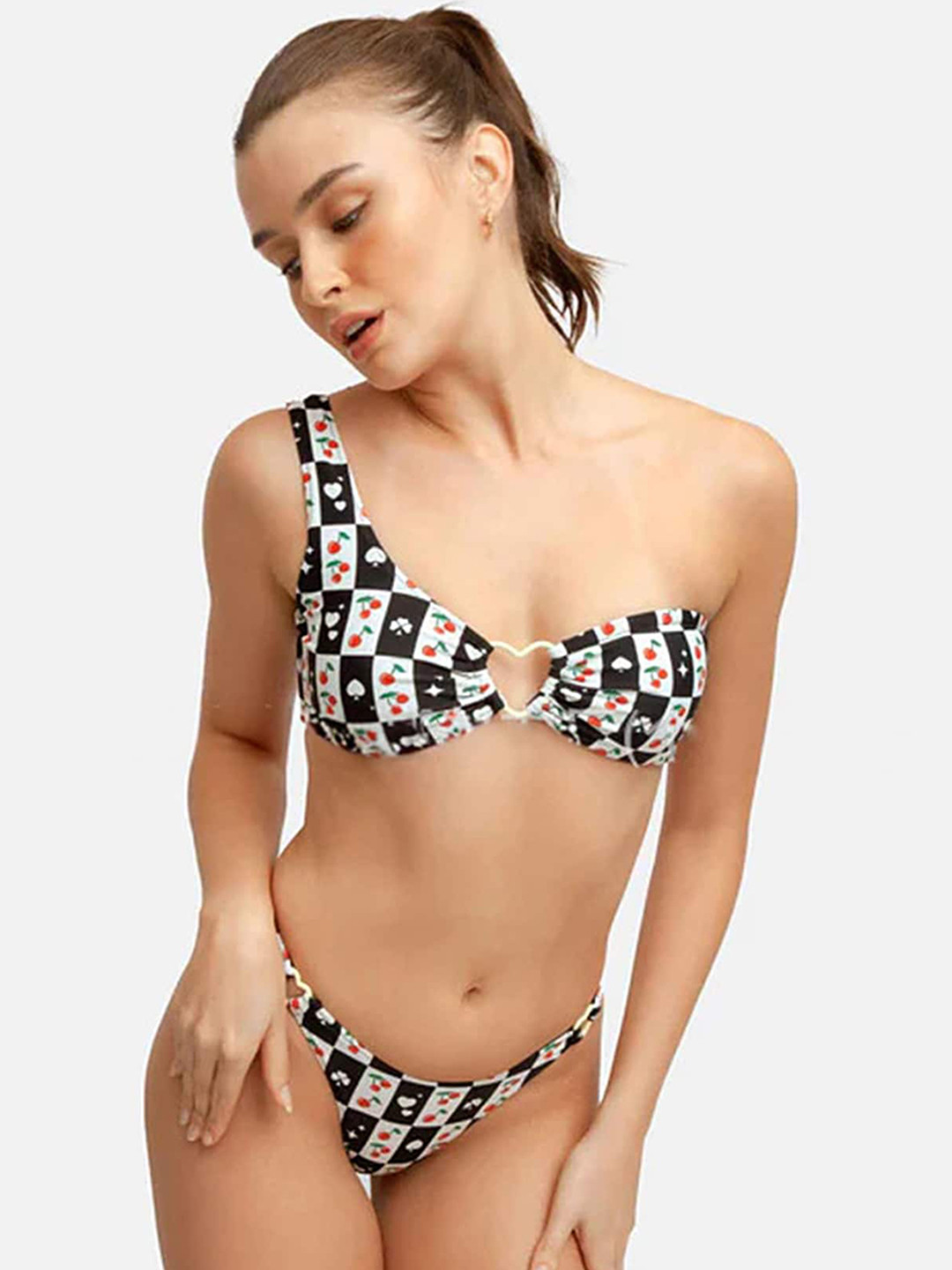 

LULU & SKY Abstract Printed One Shoulder Swim Set, Black