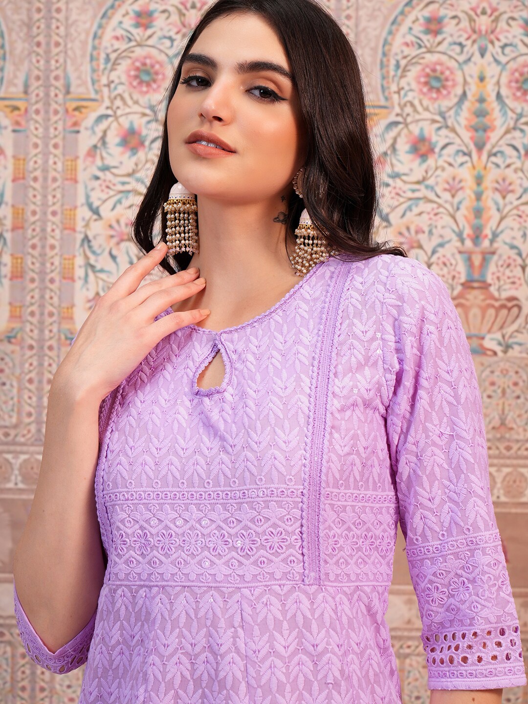 

KETCH Ethnic Motifs Woven Design Keyhole Neck Anarkali Kurta, Lavender