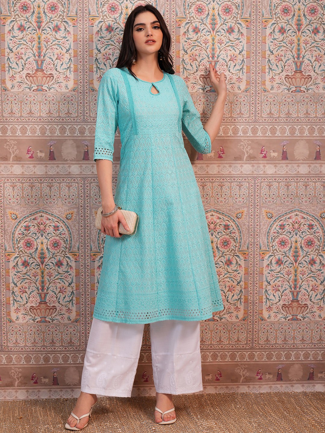 

KETCH Ethnic Motifs Embroidered Keyhole Neck Anarkali Kurta, Blue