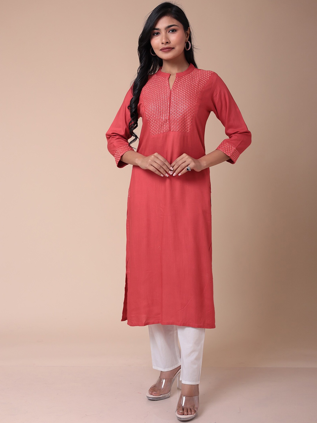 

ZARI Embellished Mandarin Collar Thread Work Straight Kurta, Red