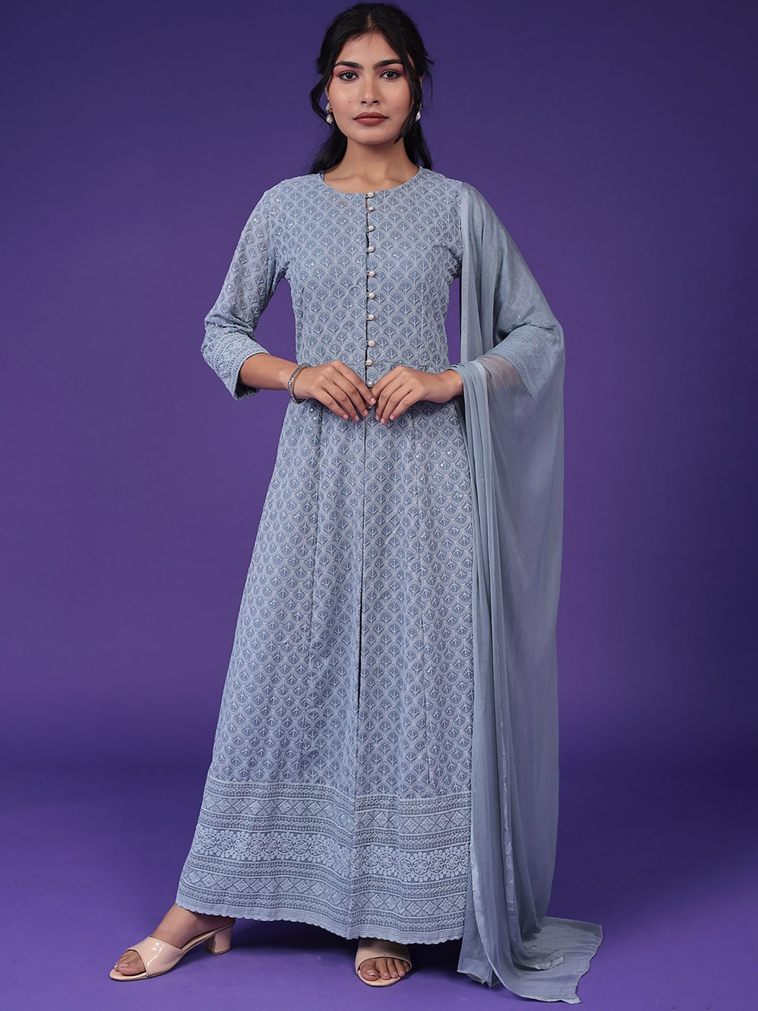 

ZARI Woven Design Geometric Thread Work Round Neck Anarkali Kurta, Grey