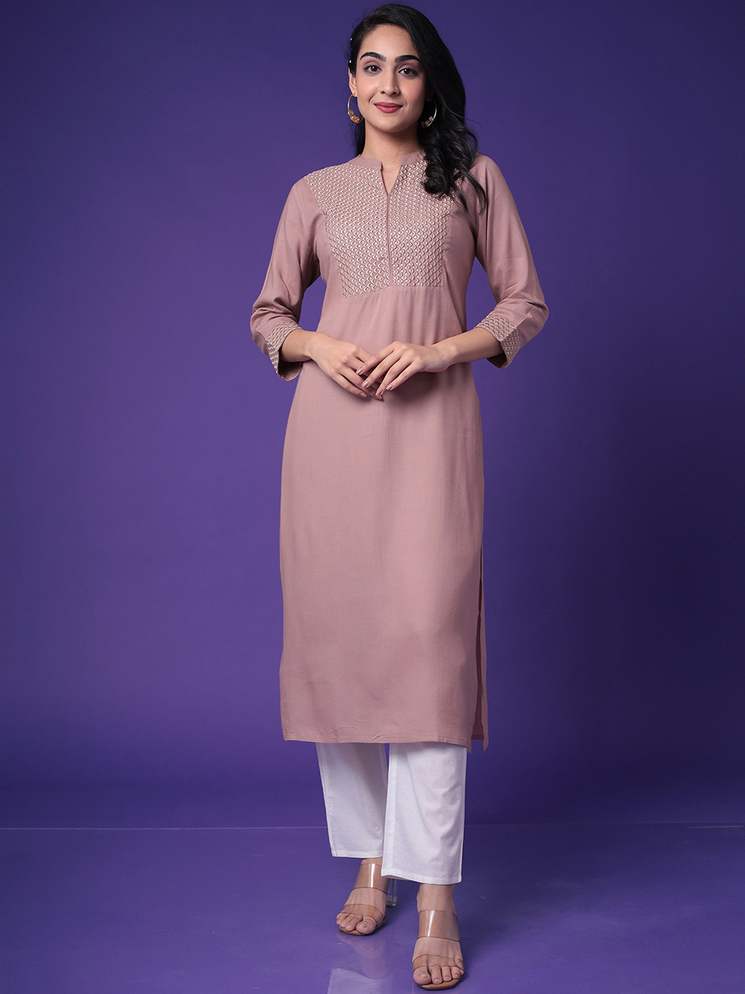 

ZARI Yoke Design Embellished Mandarin Collar Thread Work Straight Kurta, Brown