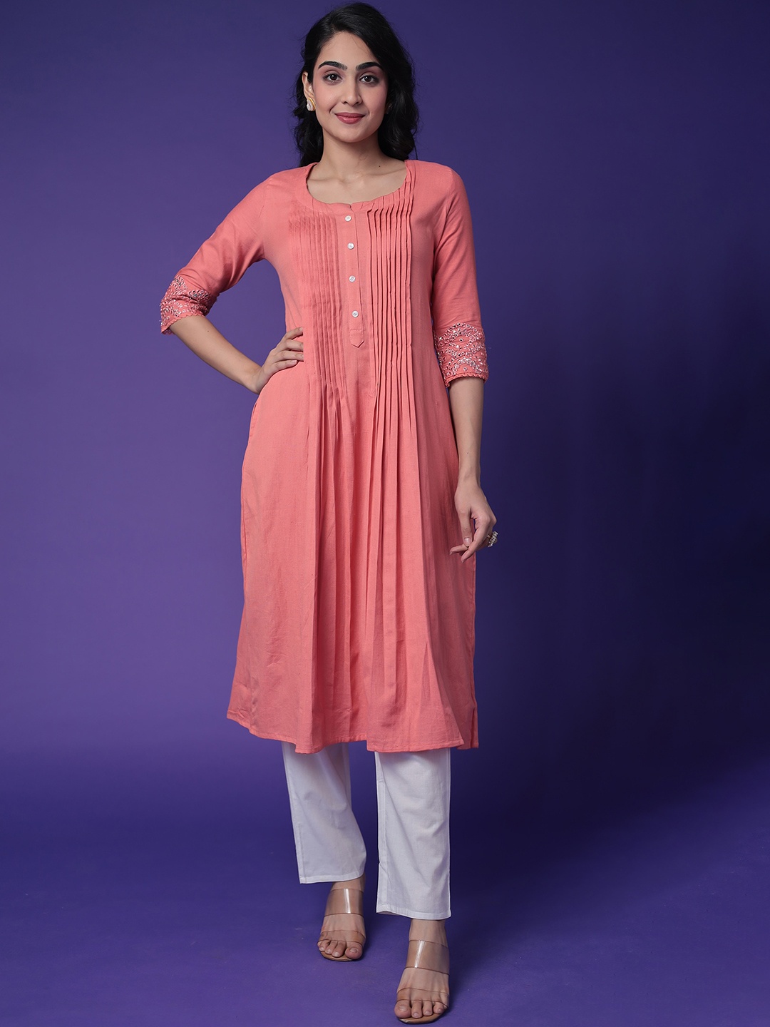 

ZARI Round Neck Three-Quarter Sleeves Calf Length A-Line Kurta, Peach