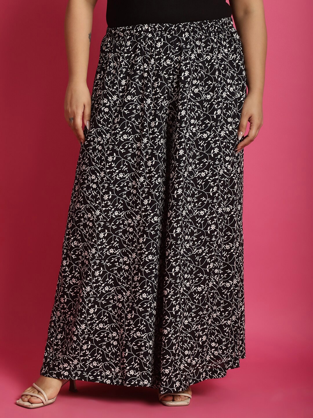 

theRebelinme Women PLus Size Floral Printed Wide Leg Palazzos, Black