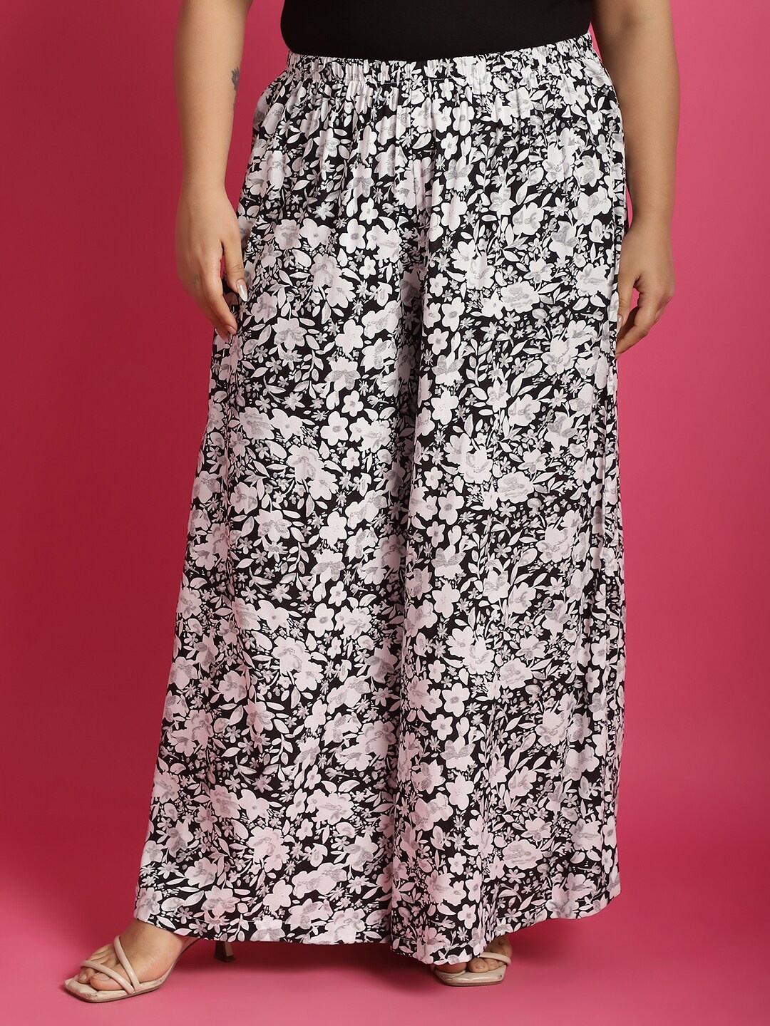 

theRebelinme Women PLus Size Floral Printed Wide Leg Palazzos, Black