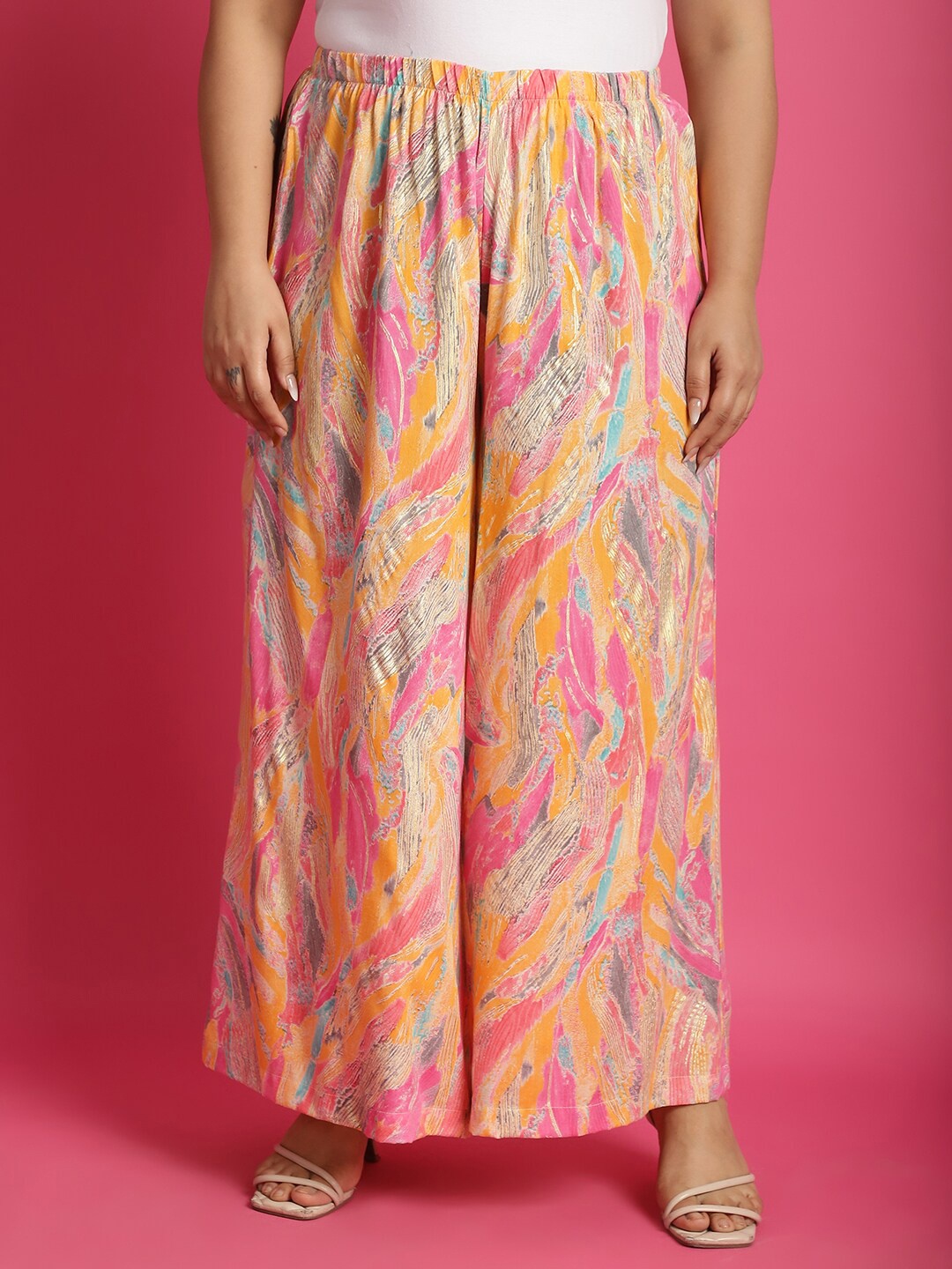 

theRebelinme Women PLus Size Abstract Printed Wide Leg Palazzos, Pink