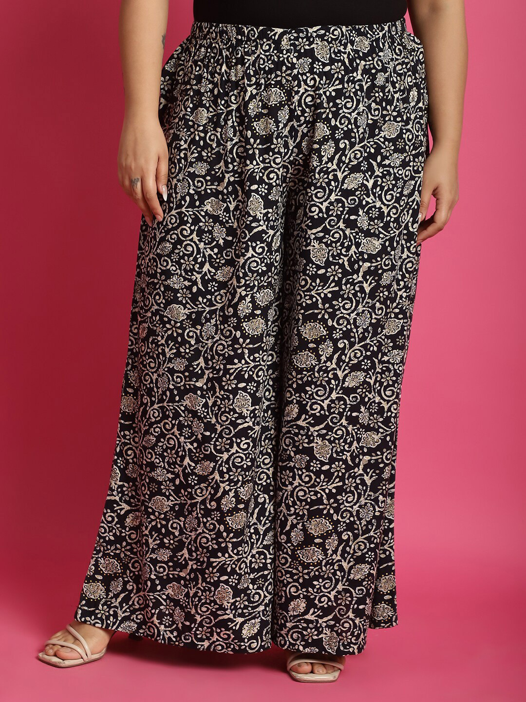 

theRebelinme Women PLus Size Floral Printed Wide Leg Palazzos, Black