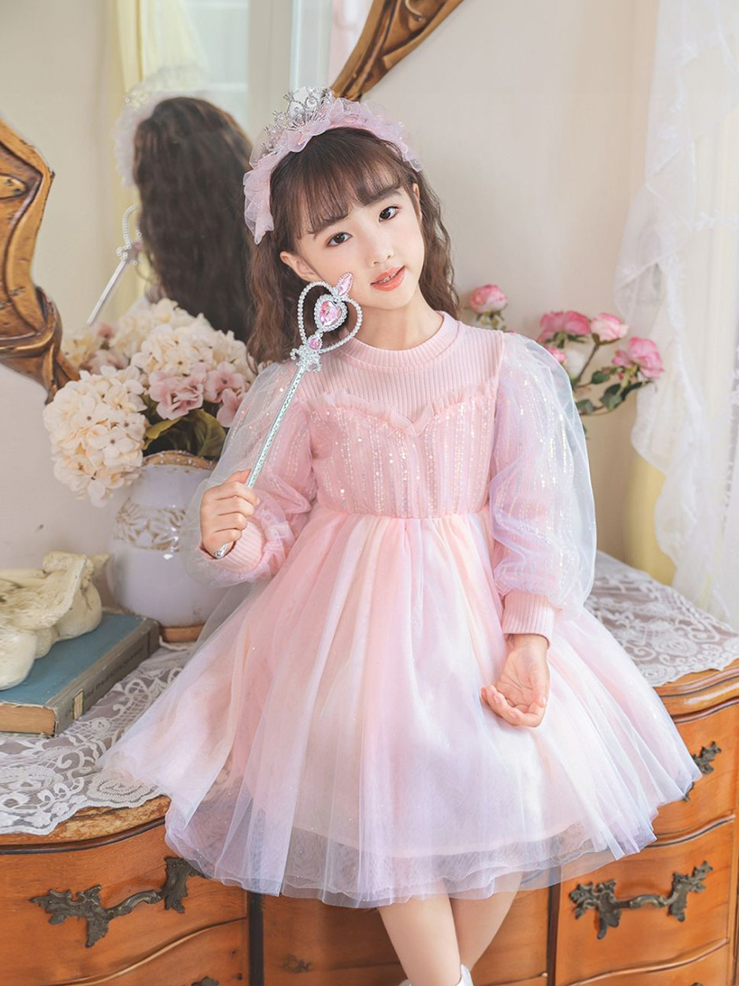

StyleCast Girls Embellished Puff Sleeves Fit & Flare Dress, Pink