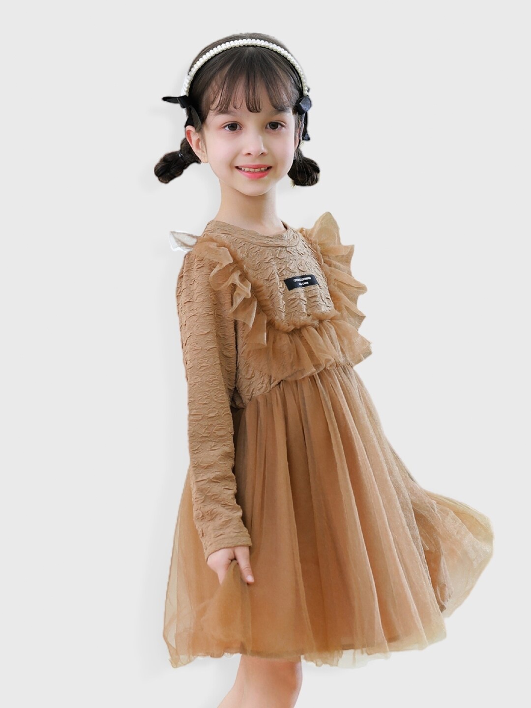 

StyleCast Girls Brown Self Design Long Sleeves Ruffles Fit & Flare Dress