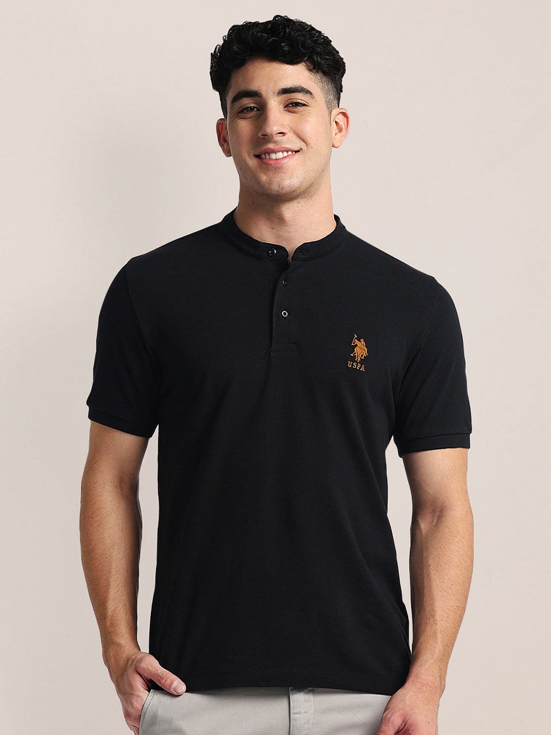 

U.S. Polo Assn. Henley Neck Short Sleeves Cotton Slim Fit T-shirt, Black