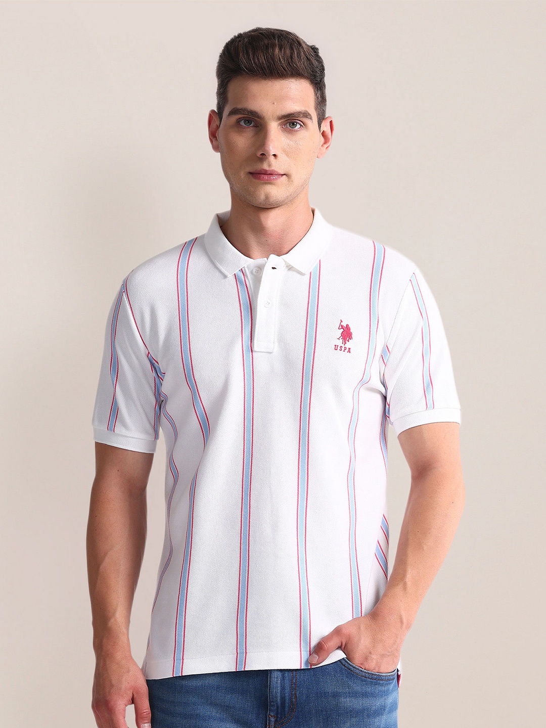 

U.S. Polo Assn. Striped Polo Collar Short Sleeves Cotton Slim Fit T-shirt, White