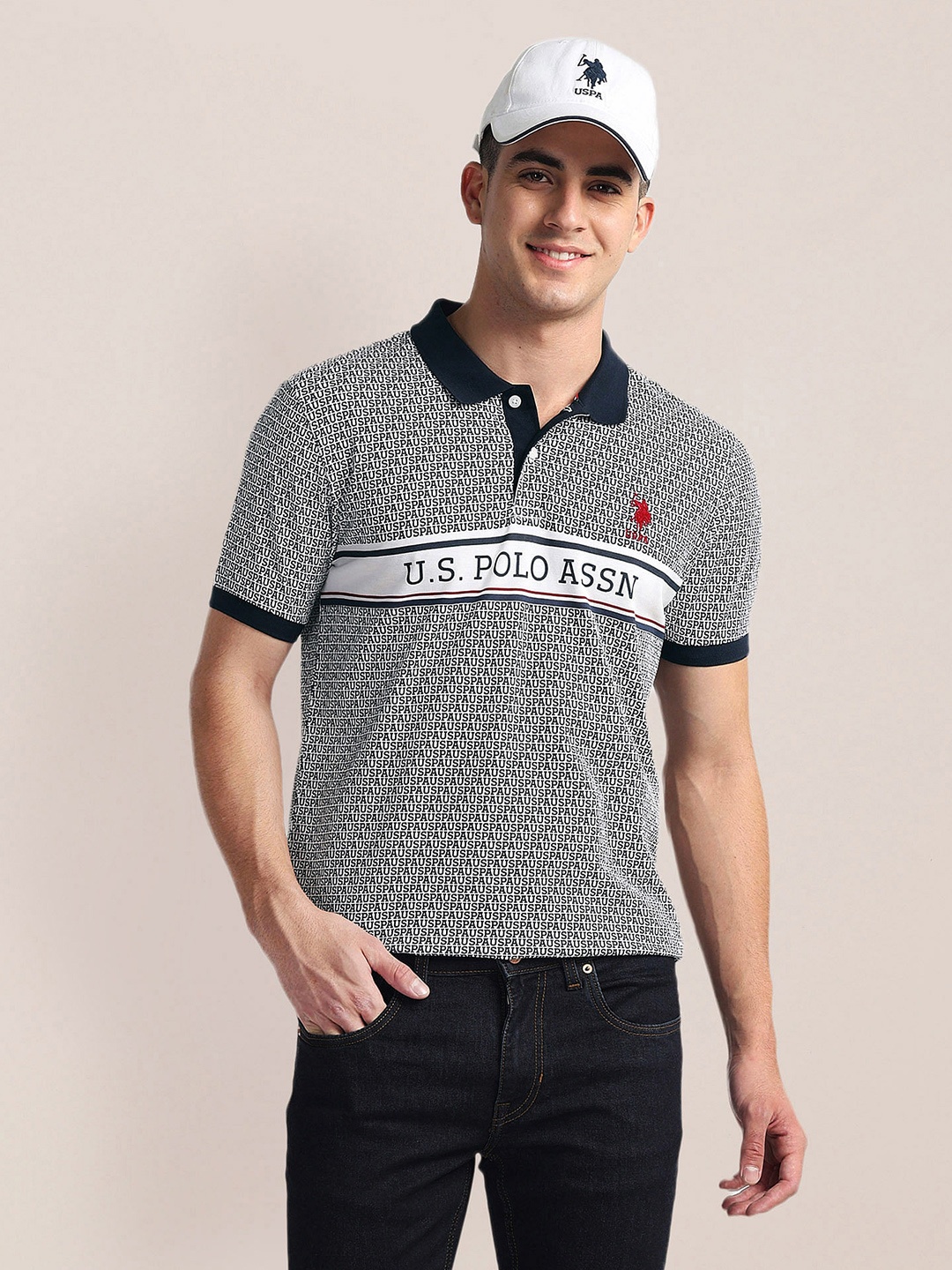 

U.S. Polo Assn. Typography Printed Polo Collar Cotton Slim Fit T-shirt, Blue