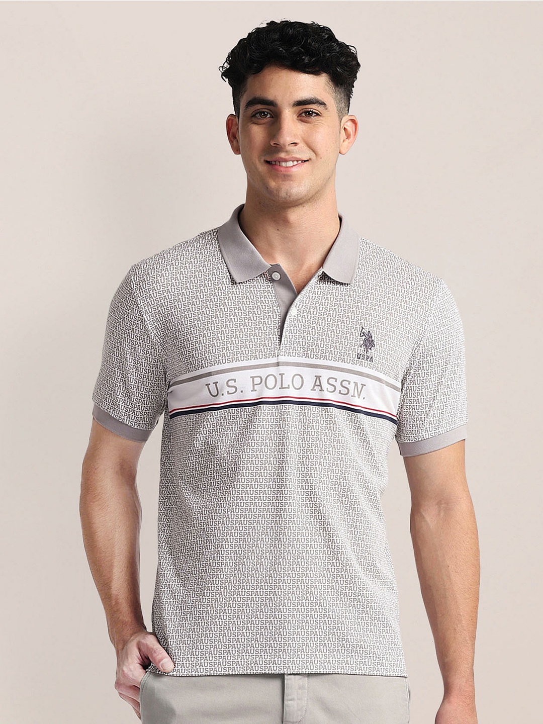 

U.S. Polo Assn. Striped Polo Collar Short Sleeves Cotton Slim Fit T-shirt, Grey