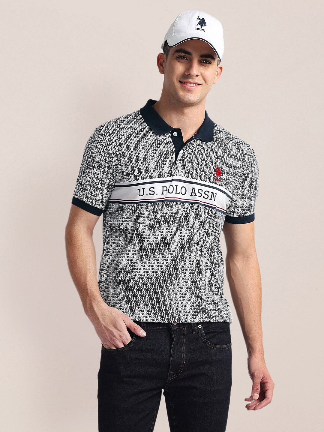 

U.S. Polo Assn. Typography Printed Polo Collar Cotton Slim Fit T-shirt, Blue