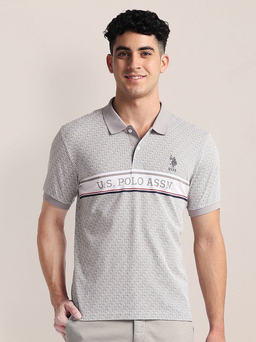 

U.S. Polo Assn. Striped Polo Collar Short Sleeves Cotton Slim Fit T-shirt, Grey