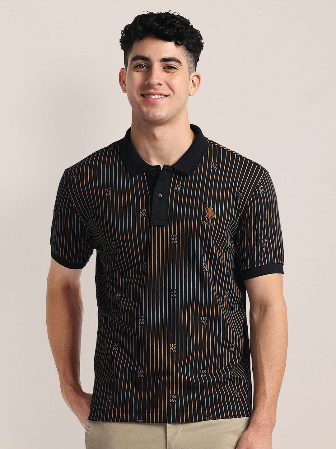 

U.S. Polo Assn. Printed Polo Collar Short Sleeves Cotton Slim Fit T-shirt, Black