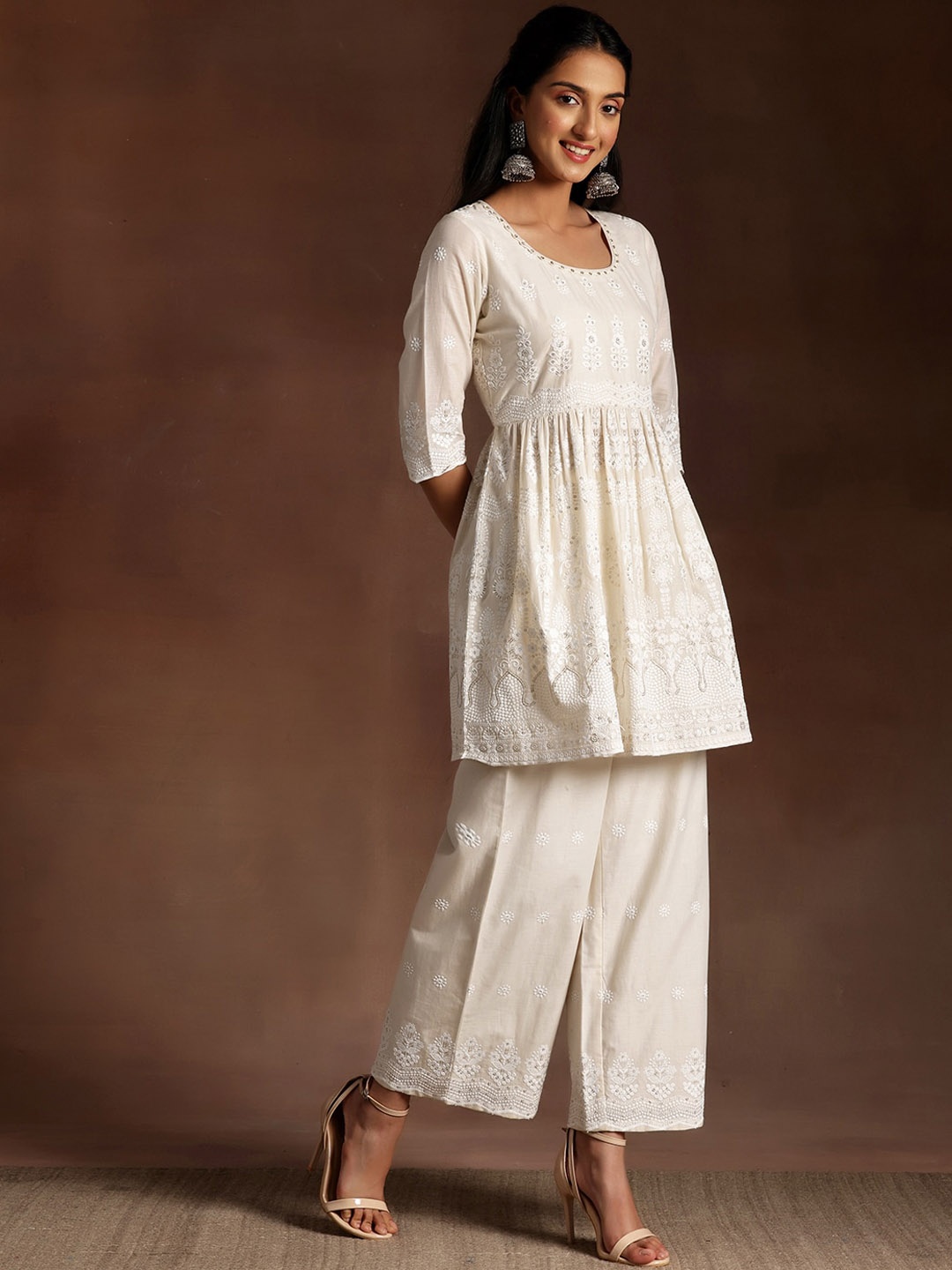 

Libas Cotton Embroidered Round neck Tunic Top and Slip on Palazzo, Off white